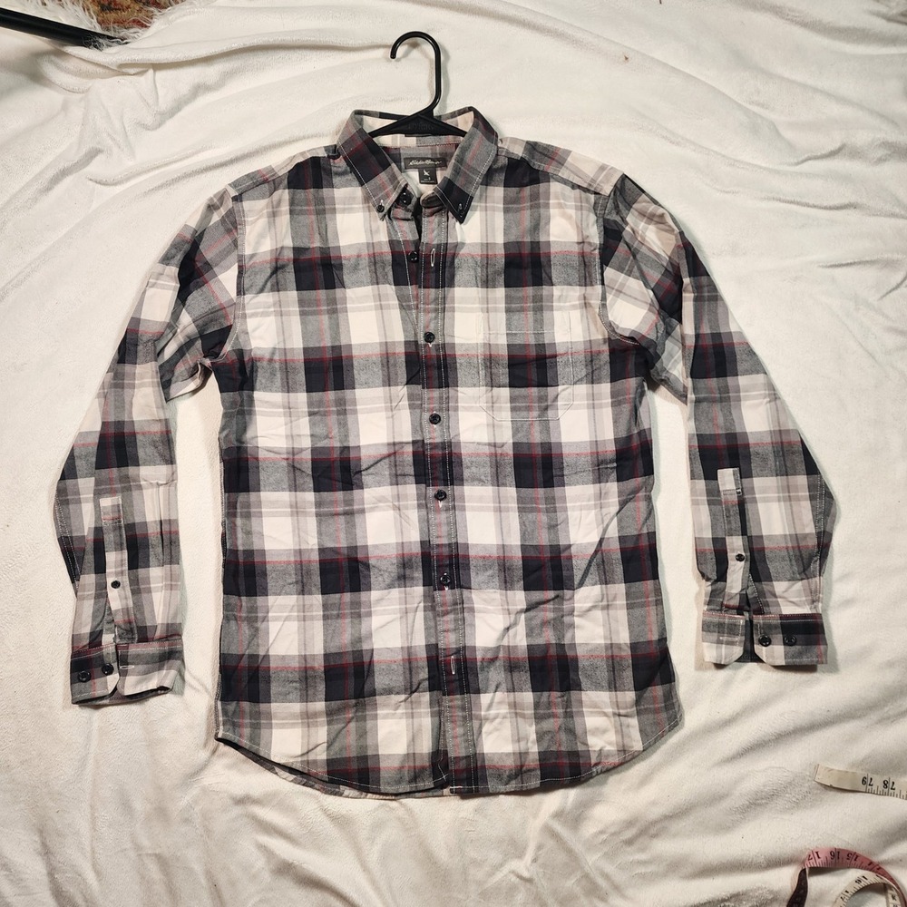 Eddie Bauer Mens Small Plaid Button Down Shirt Long Sleeve White Black Red